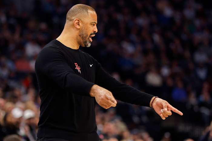 Rockets head coach Ime Udoka questions a referee as his team plays the Minnesota Timberwolves in the first quarter at Target Center.